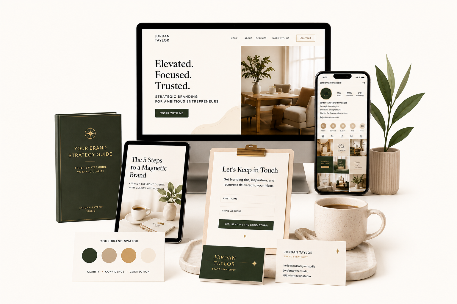 Brand mockup showing website, mobile app, brand guide, ebook, opt-in form, business cards and brand swatch all working together