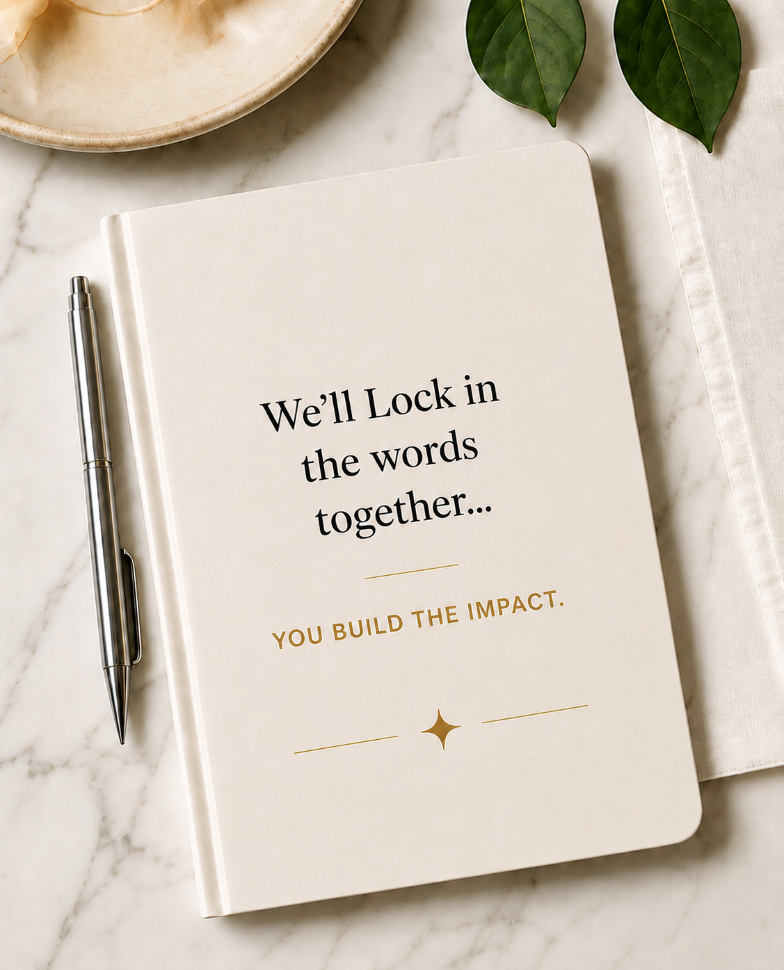Notebook on marble surface with elegant text: We'll Lock in the words together... YOU BUILD THE IMPACT