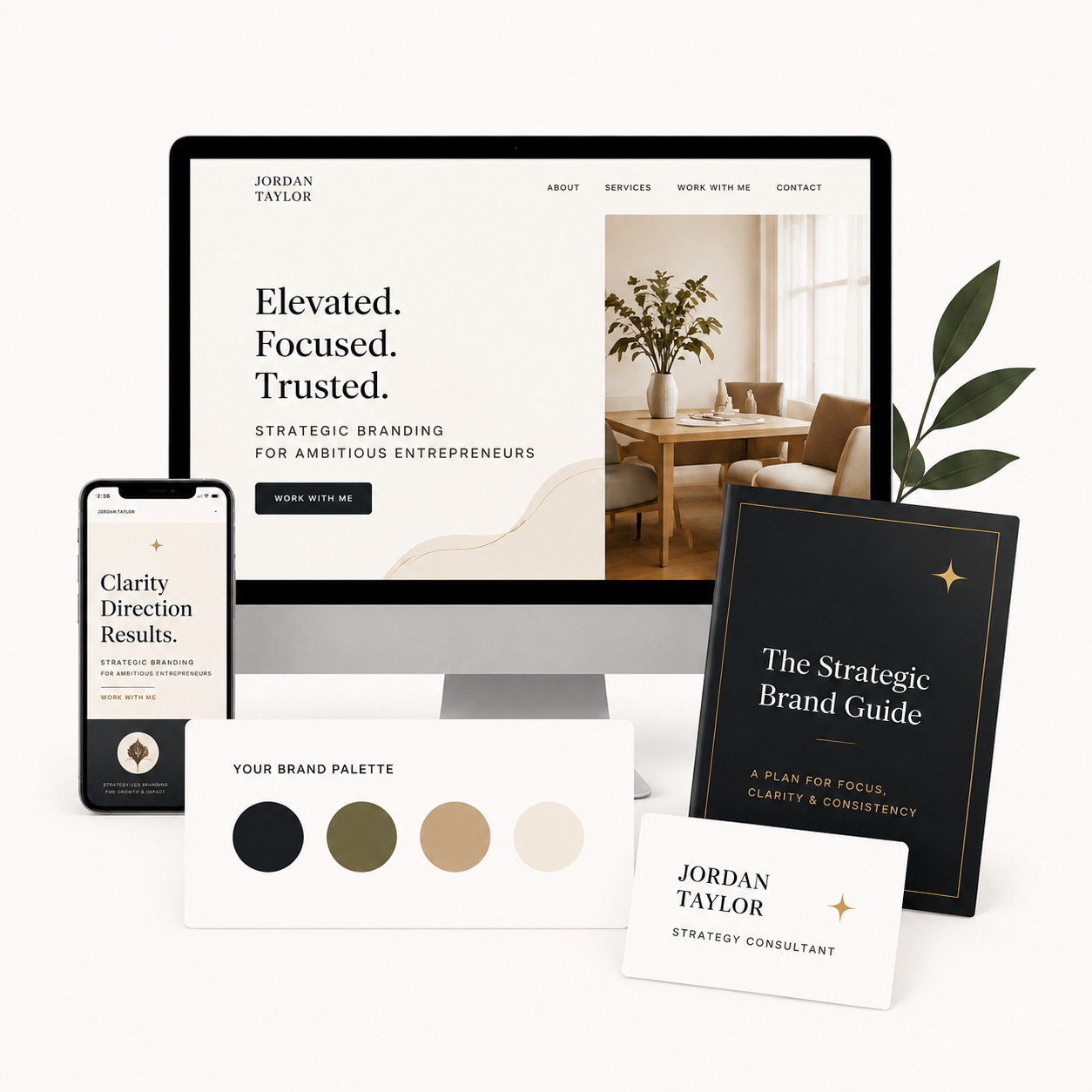 Brand Swatch Studio — strategic brand mockup with palette, business cards, and brand guide