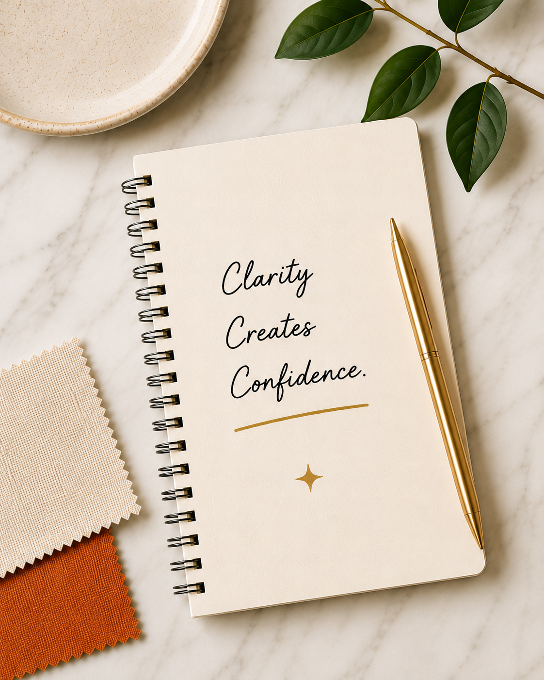 Notebook on marble surface with handwritten text: Clarity Creates Confidence, with fabric swatches and gold pen